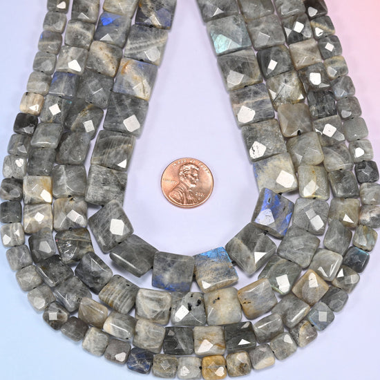 Gray Labradorite faceted flat square beads in a deep teardrop loop, sold per 15 inch strand