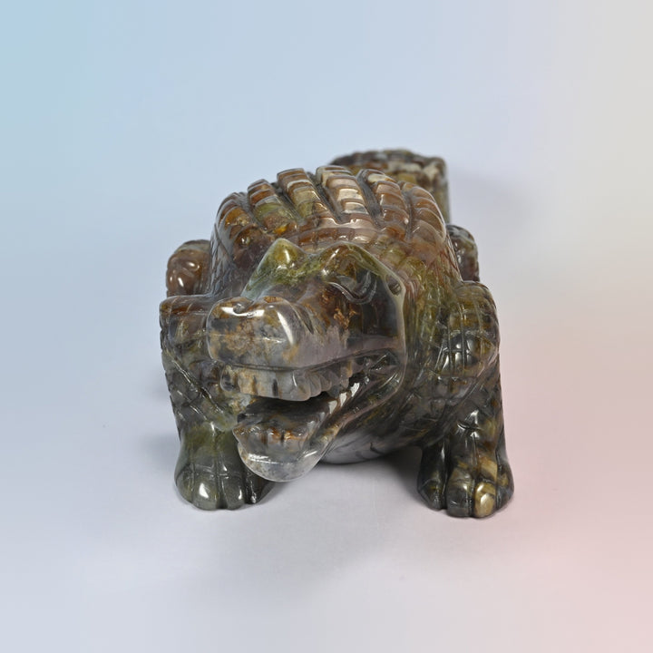 Front view of the ocean agate crocodile head, open mouth with carved teeth and front feet