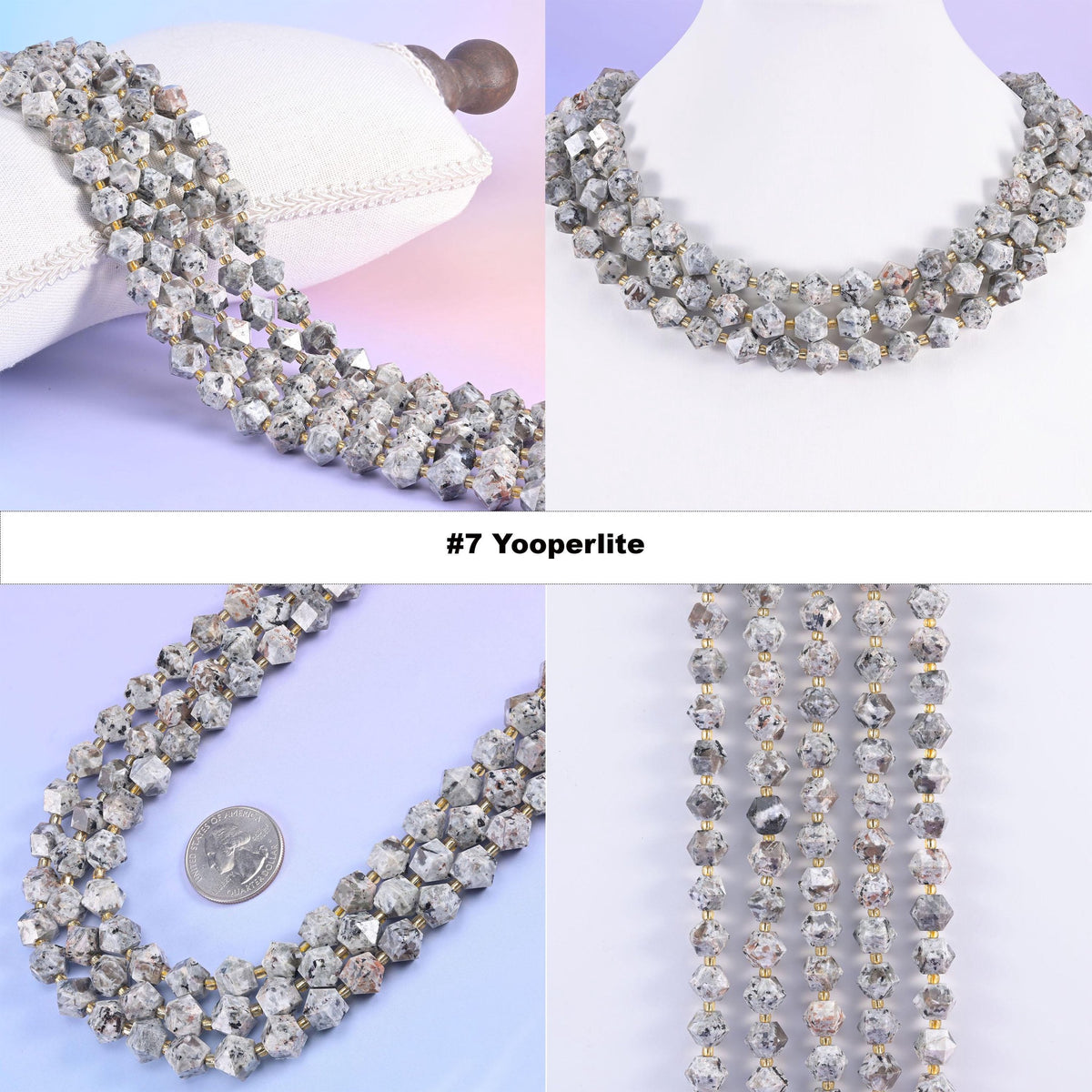 Faceted 8 sides diamond rhombus beads in yooperlite, option 7 shown in four views on a cushion and a white neck display, gray with dark speckles.