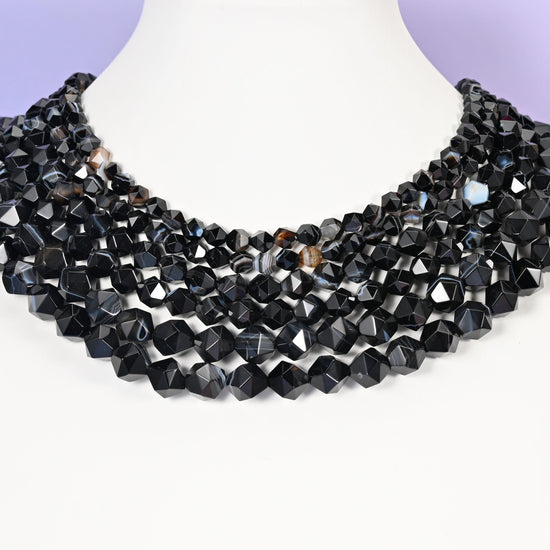 Black Strip Agate beads, faceted diamond star cut, 6mm, 8mm, 10mm