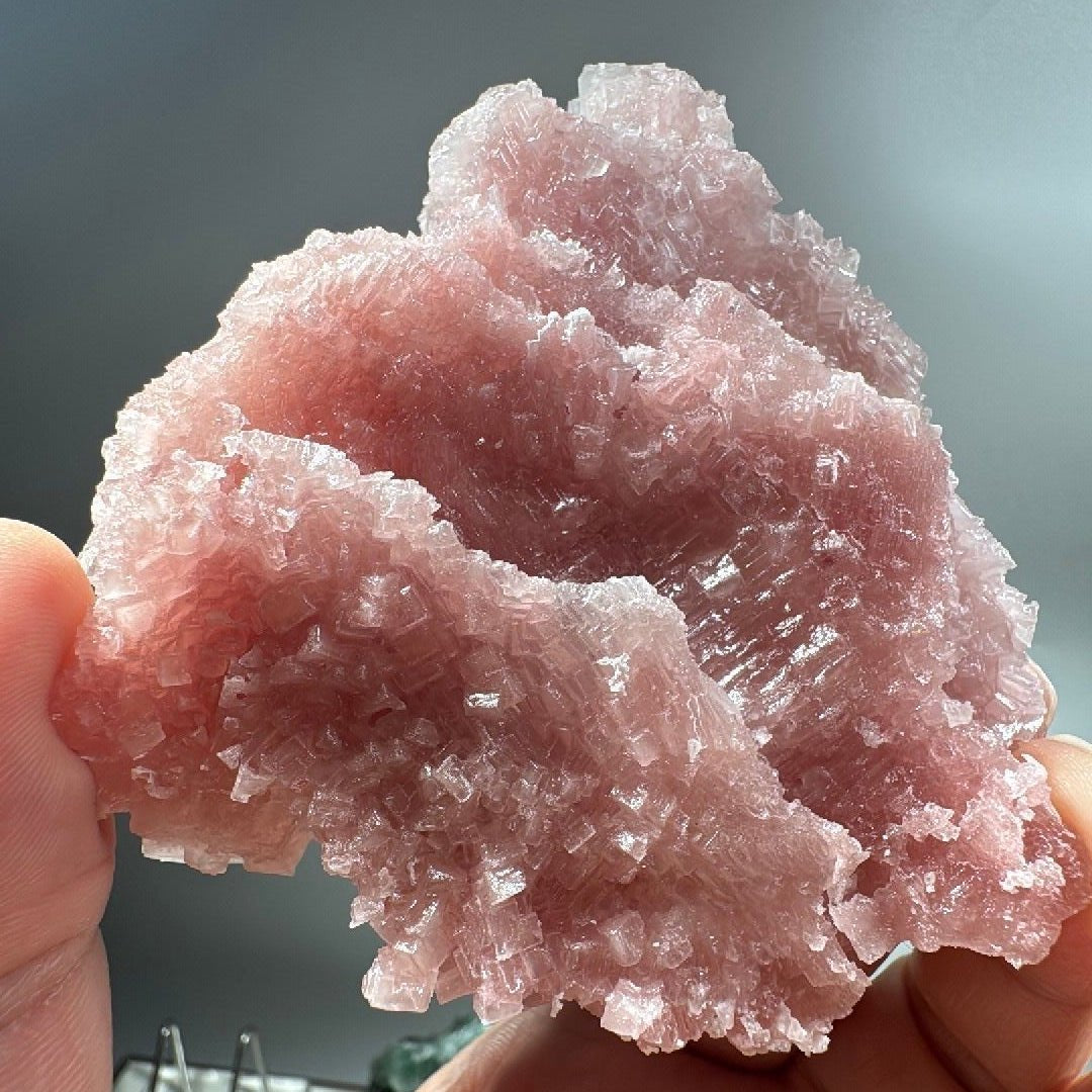 Pink halite specimen, cubic hopper crystal formation, 96x93x43mm