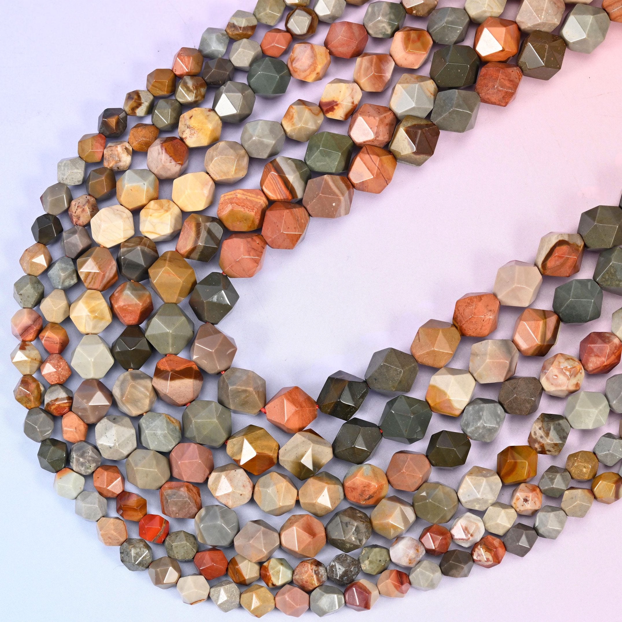 American Picture Jasper Faceted Diamond Star Cut Beads 6mm 8mm 10mm, 15.5 inch strand