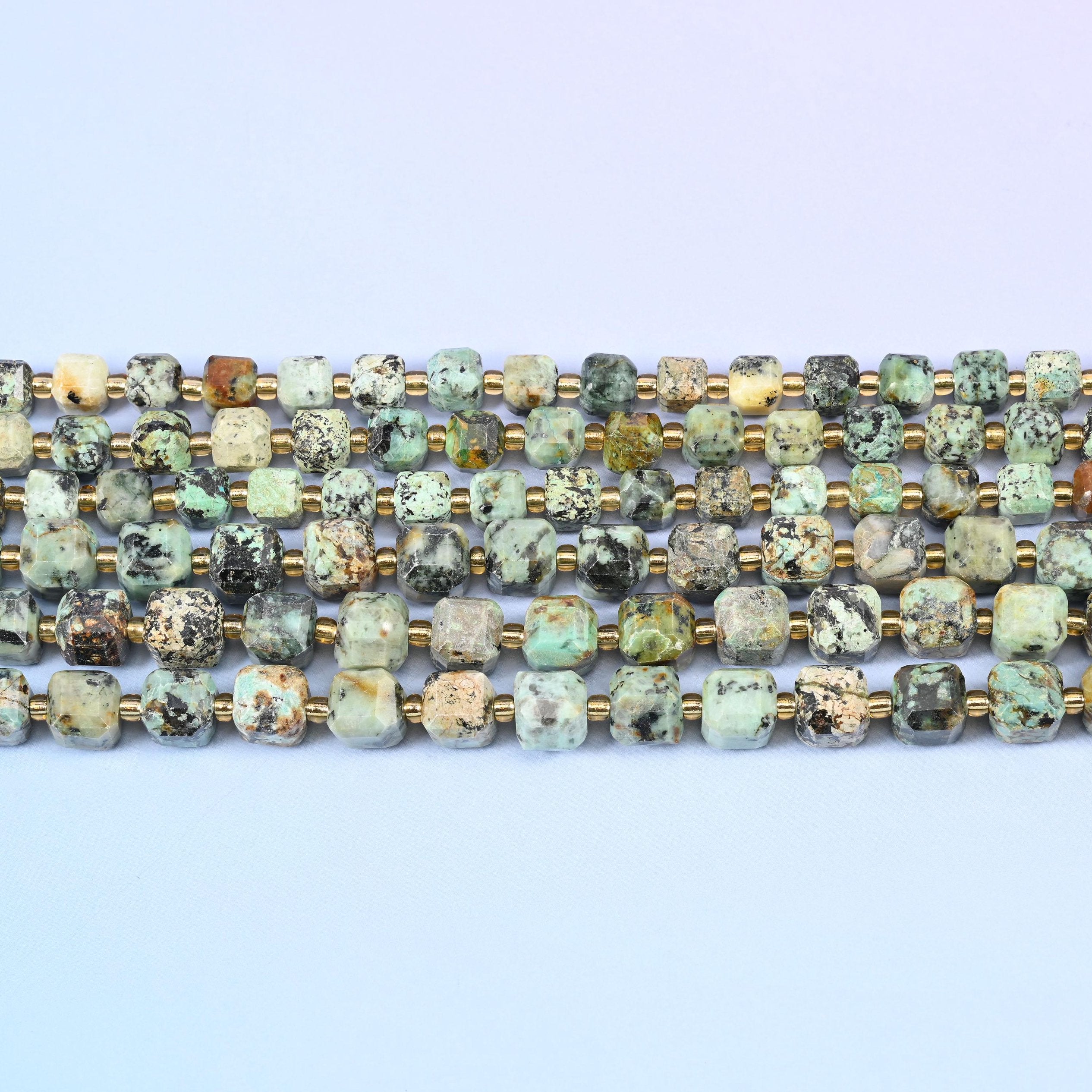 African Howlite Faceted Cube Beads 6mm 8mm in sage and turquoise green with black matrix veining