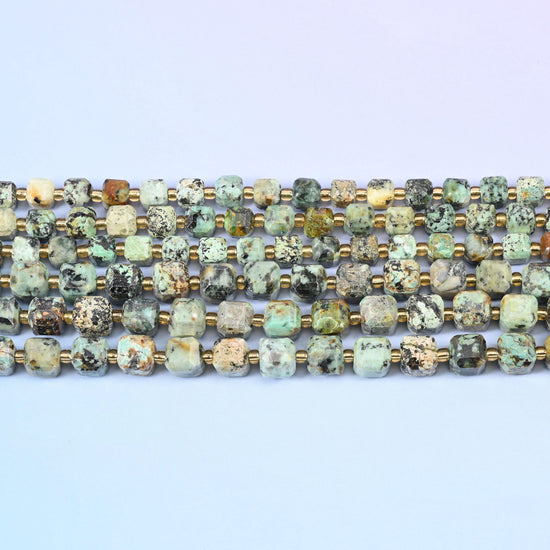 African Howlite Faceted Cube Beads 6mm 8mm in sage and turquoise green with black matrix veining