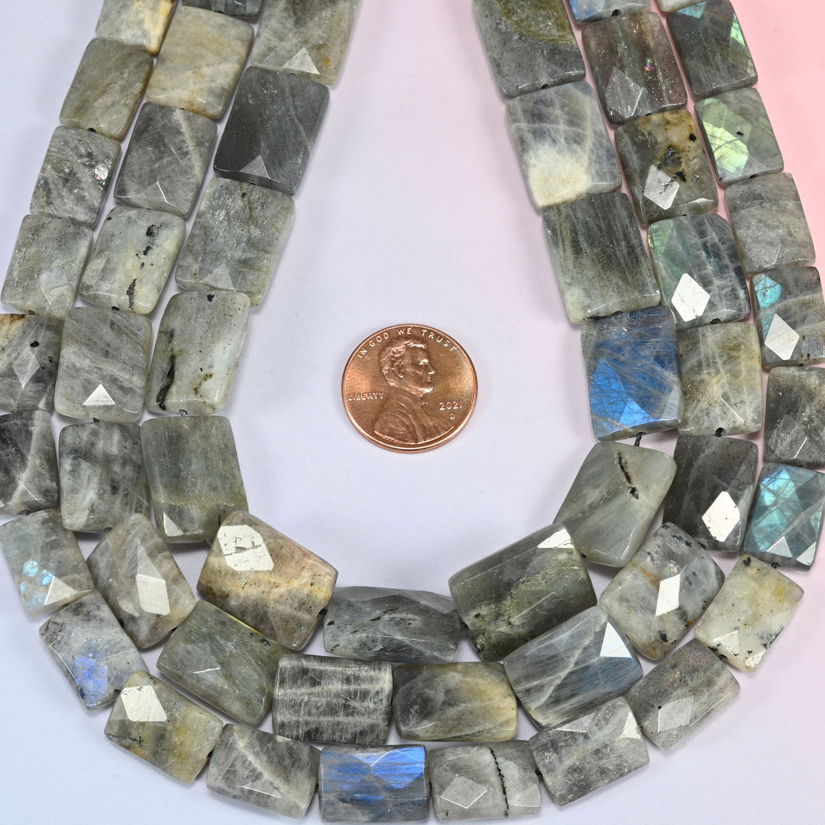 Gray Labradorite faceted flat rectangle beads in a deep teardrop loop, sold per 15 inch strand