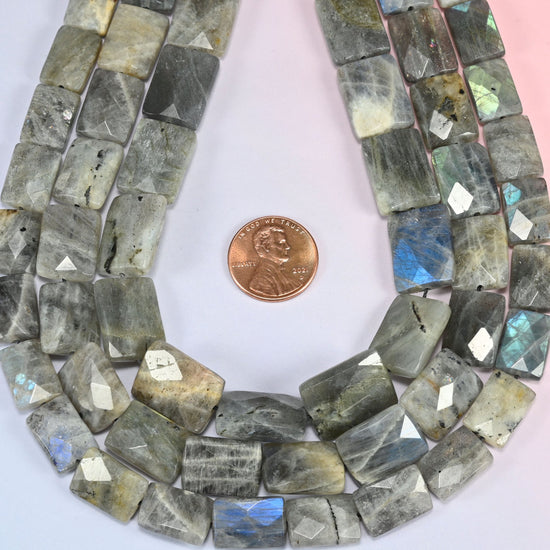 Gray Labradorite faceted flat rectangle beads in a deep teardrop loop, sold per 15 inch strand