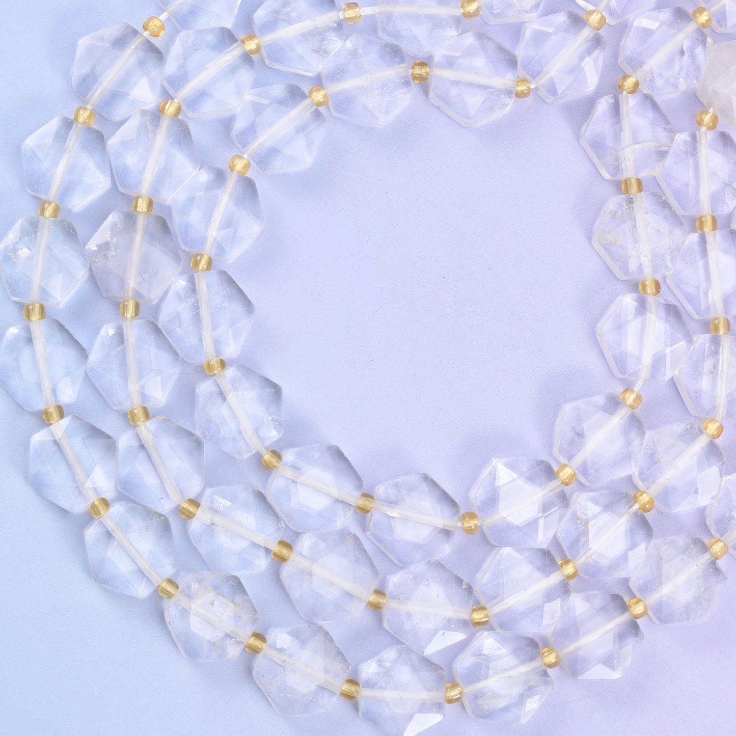 Clear quartz hexagon beads, natural stone, icy discs with broad flat facets and frosted clouding