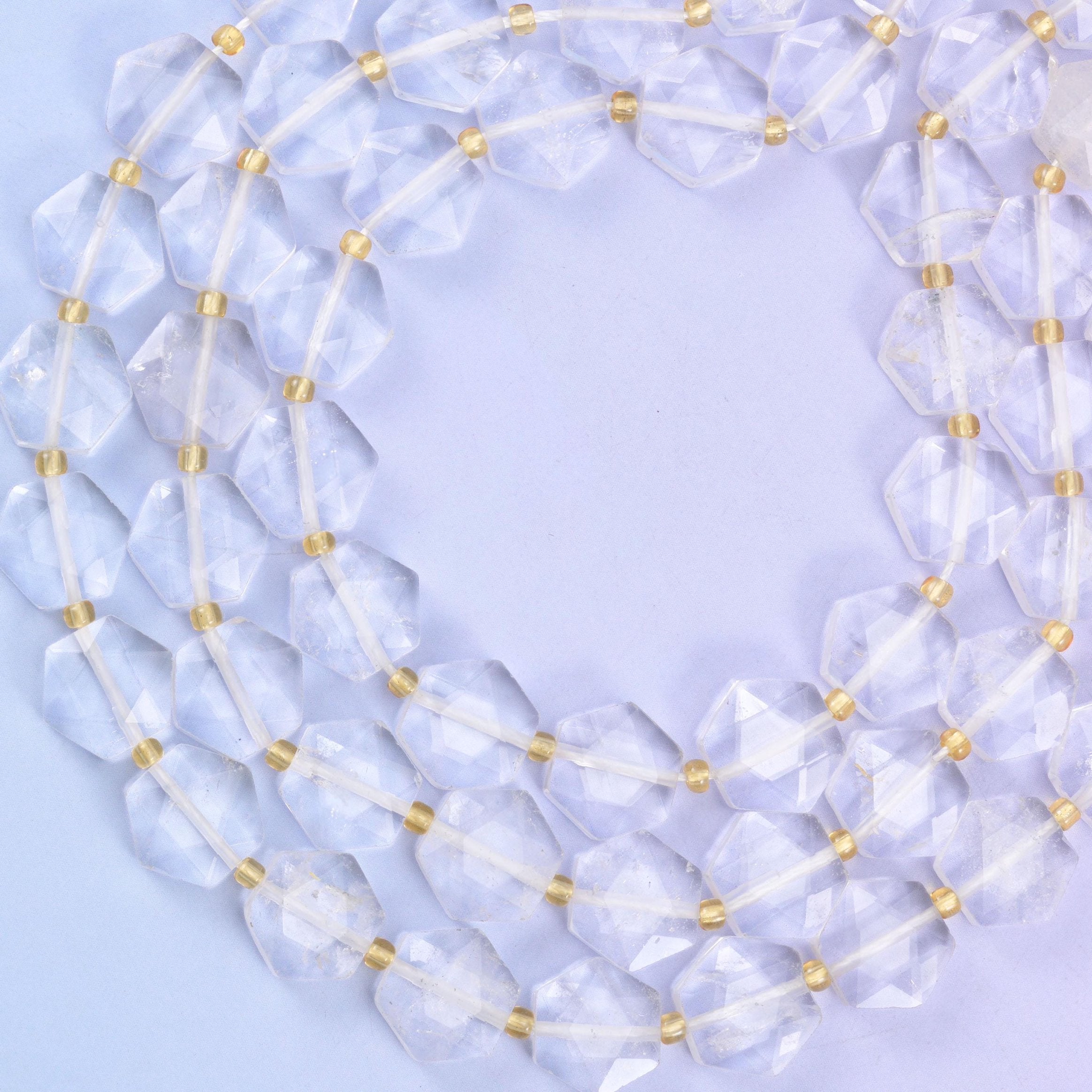 Clear quartz hexagon beads, natural stone, icy discs with broad flat facets and frosted clouding