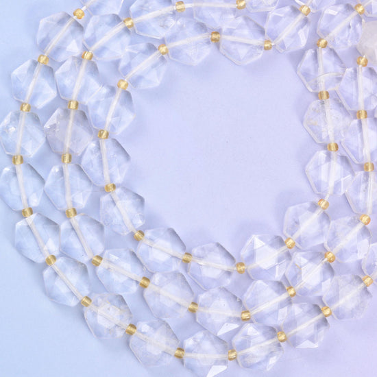 Clear quartz hexagon beads, natural stone, icy discs with broad flat facets and frosted clouding