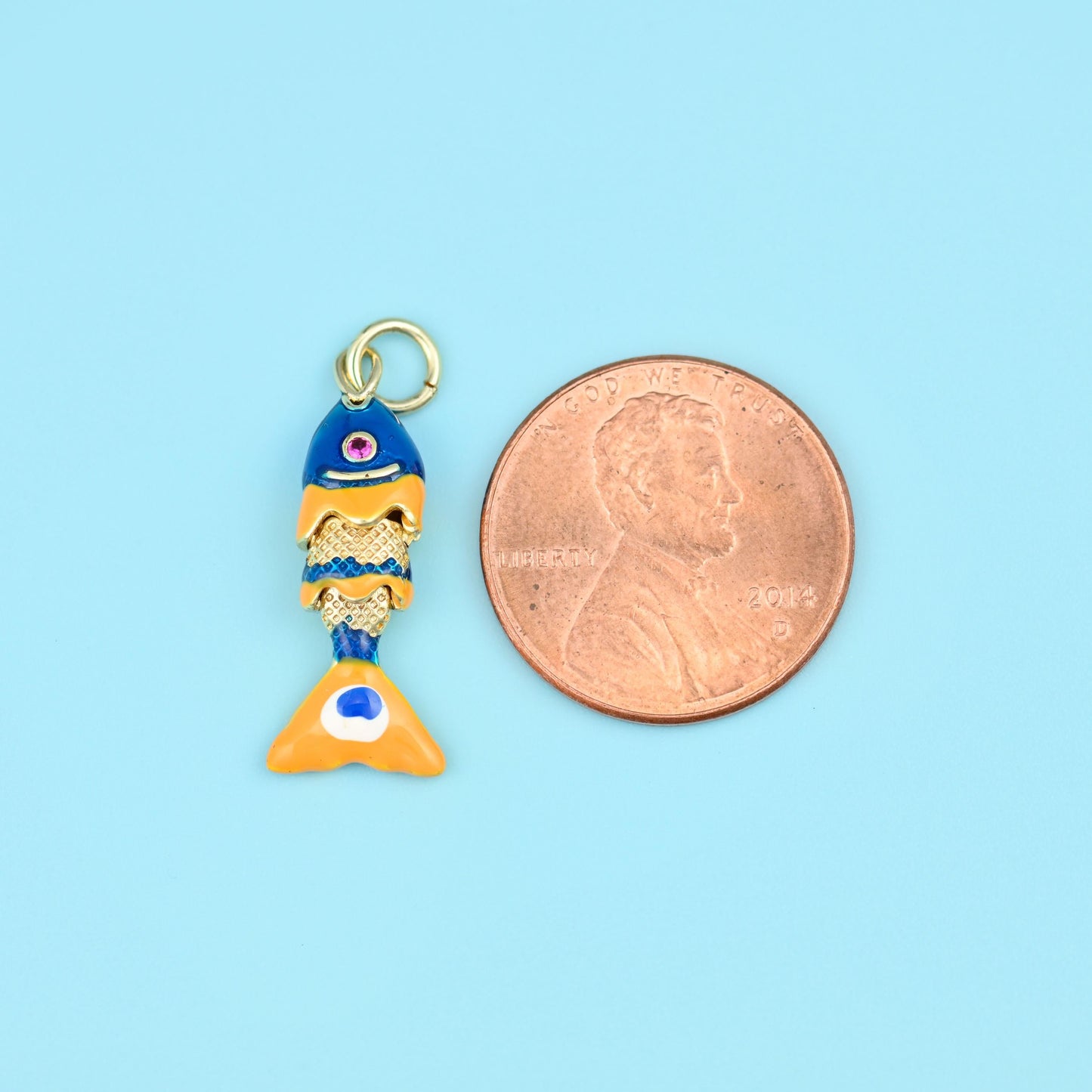 18K Gold Filled Blue Enamel Articulated Fish Charm 22.32x6.74mm, sold per piece