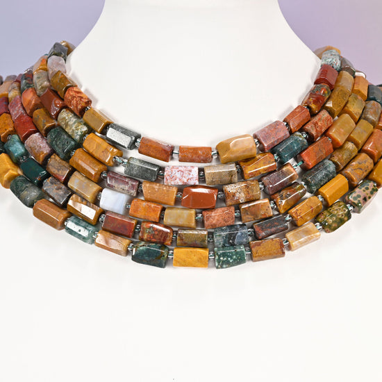 Ocean Jasper faceted tube beads in mustard, rust orange, moss green, cream and deep red.