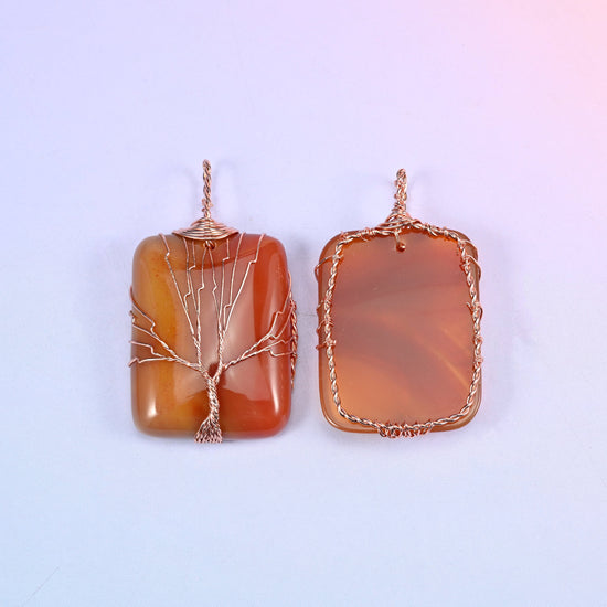 Rectangle Gemstone Tree of Life Pendant in red-orange agate, front and back pair showing the branch spread on one side and the open wire frame on the other.