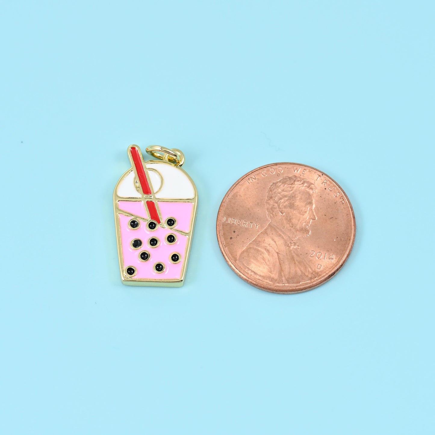 Gold filled boba milk tea charm with black tapioca pearl enamel detail