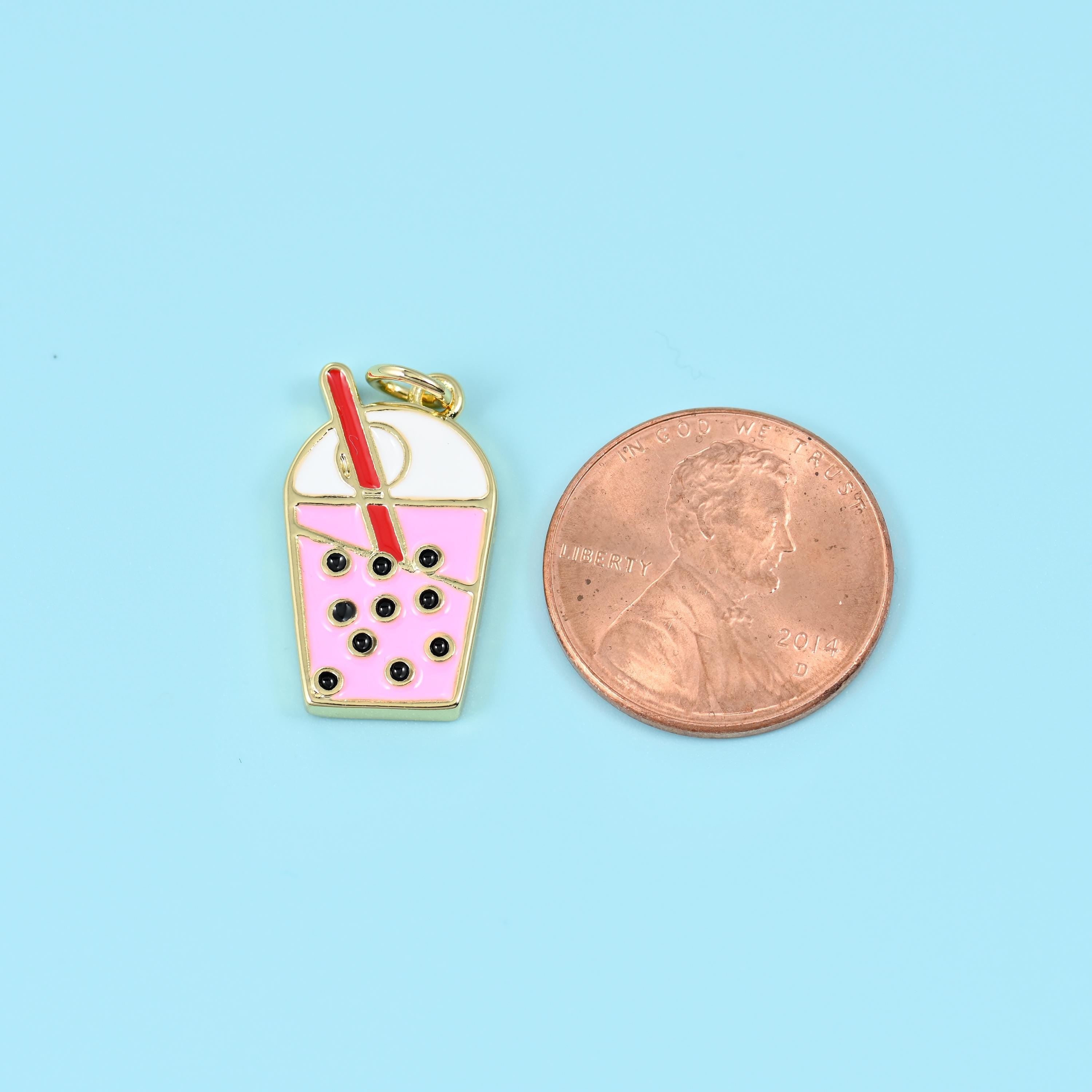 Gold filled boba milk tea charm with black tapioca pearl enamel detail