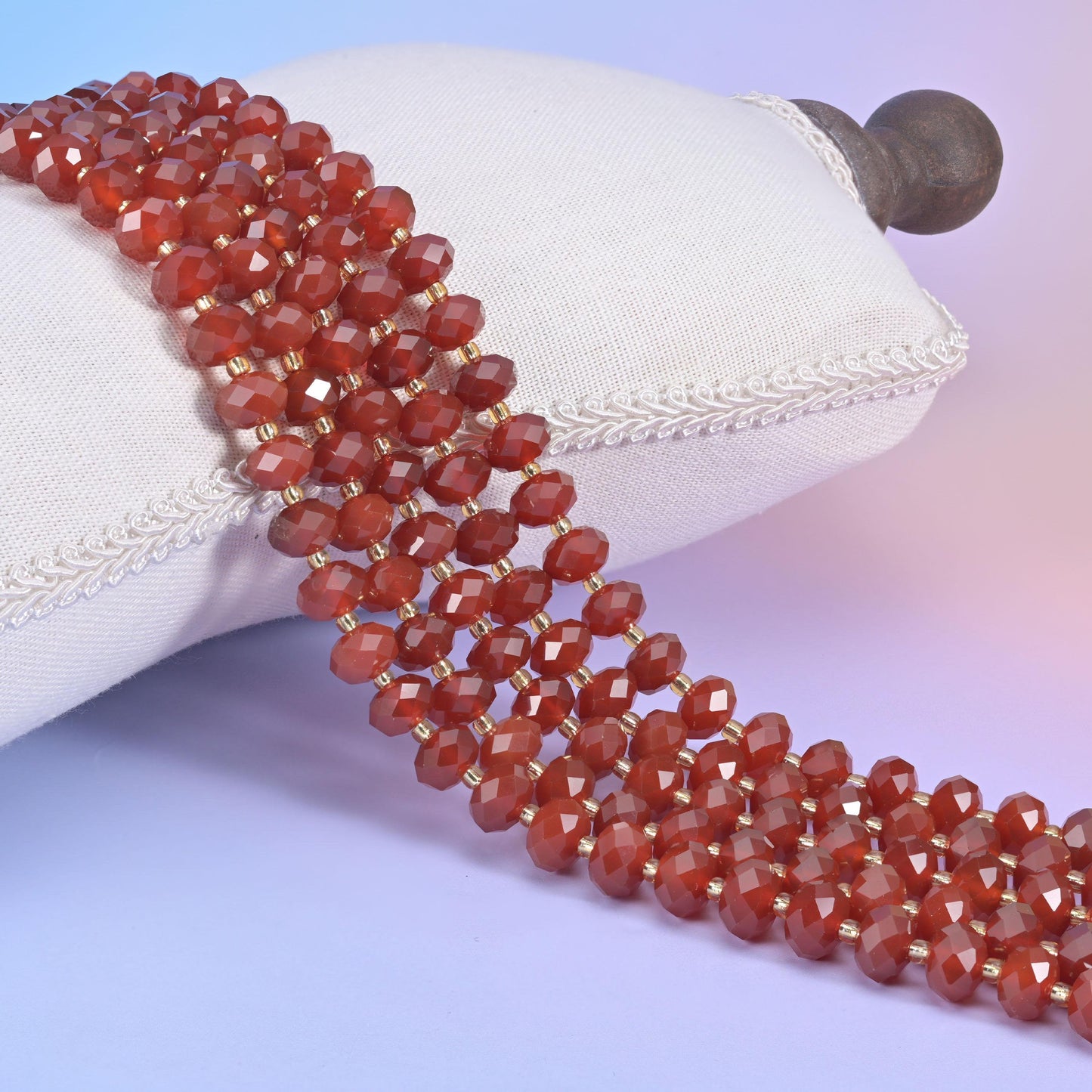 Red Agate faceted rondelle beads in deep brick and terracotta red with a warm russet glow