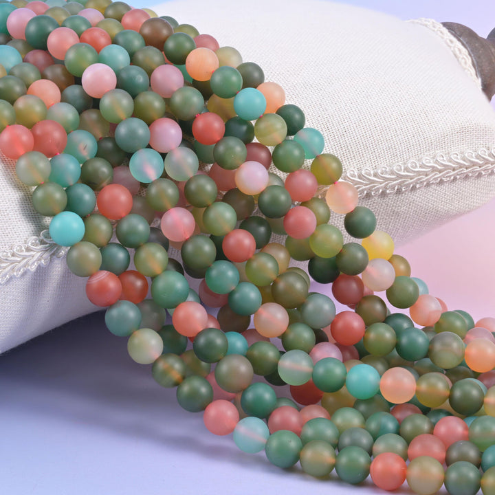 Green Yanyuan Agate matte round beads, a soft multi-colour mix led by olive and sage green