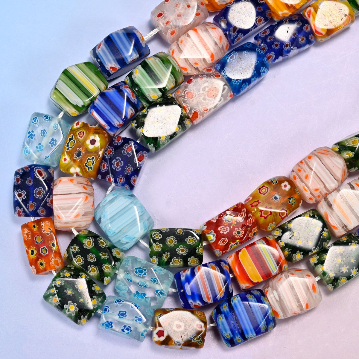 Colorful Millefiori Faceted Cuboid Glass Beads, sold per 14.5 inch strand, 23 beads.