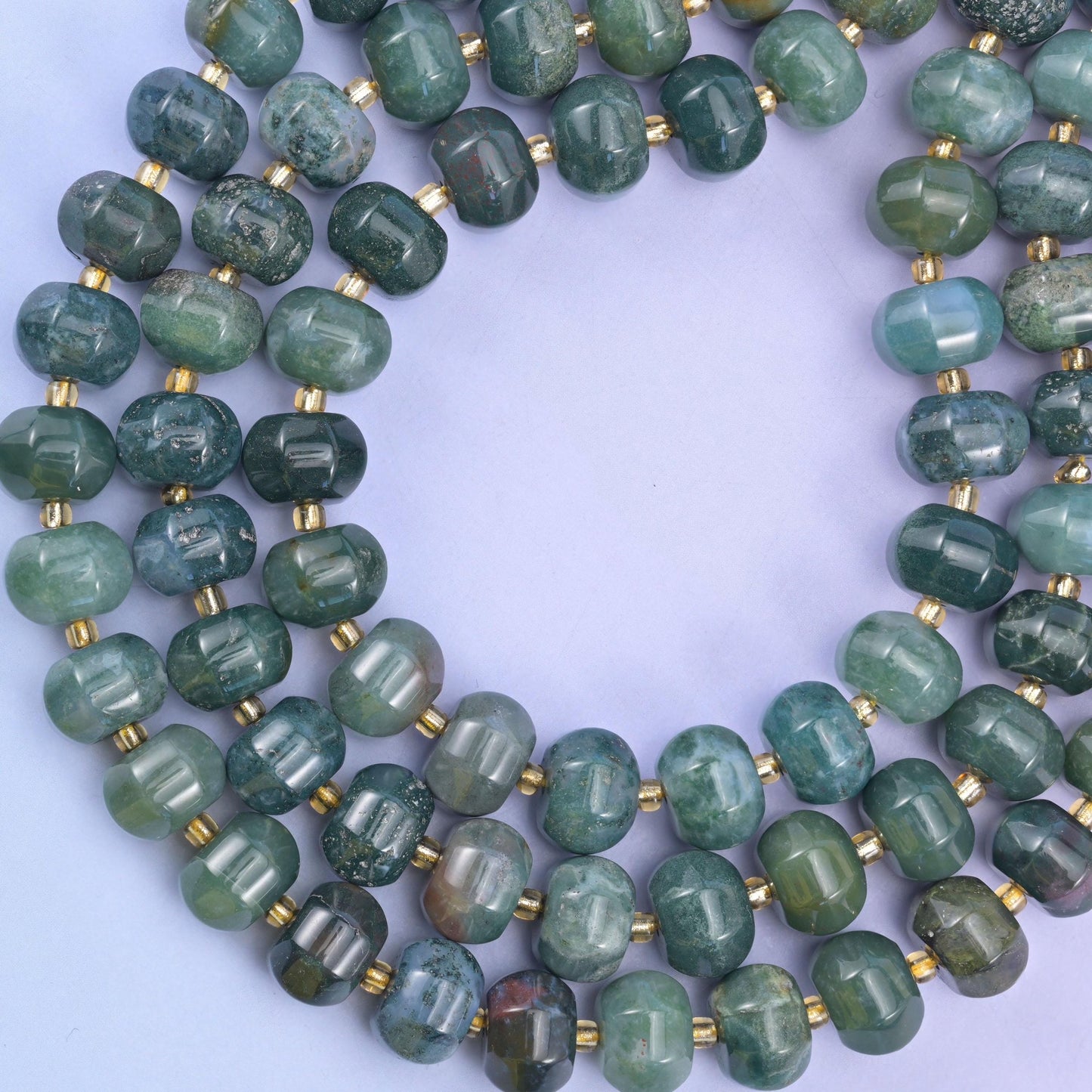 Moss agate pumpkin beads, approximately 35 beads per strand