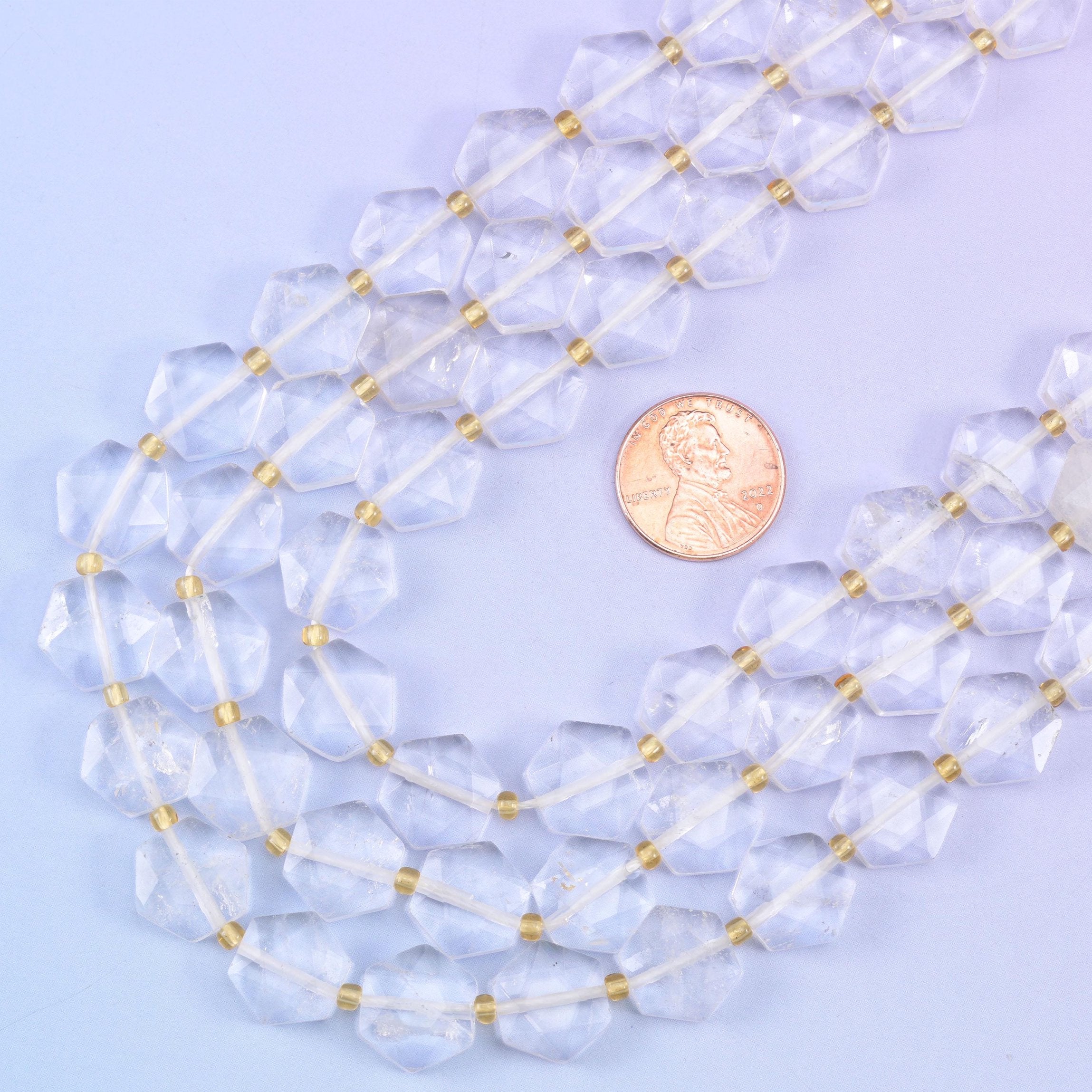 Flat faceted hexagon cut clear quartz beads