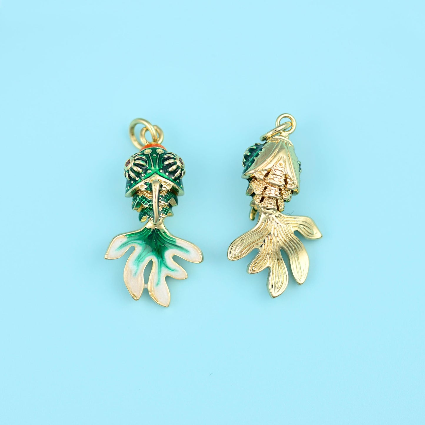 18K Gold Filled Enamel Goldfish Charm 26x14mm in bottle green with cream white and green tail