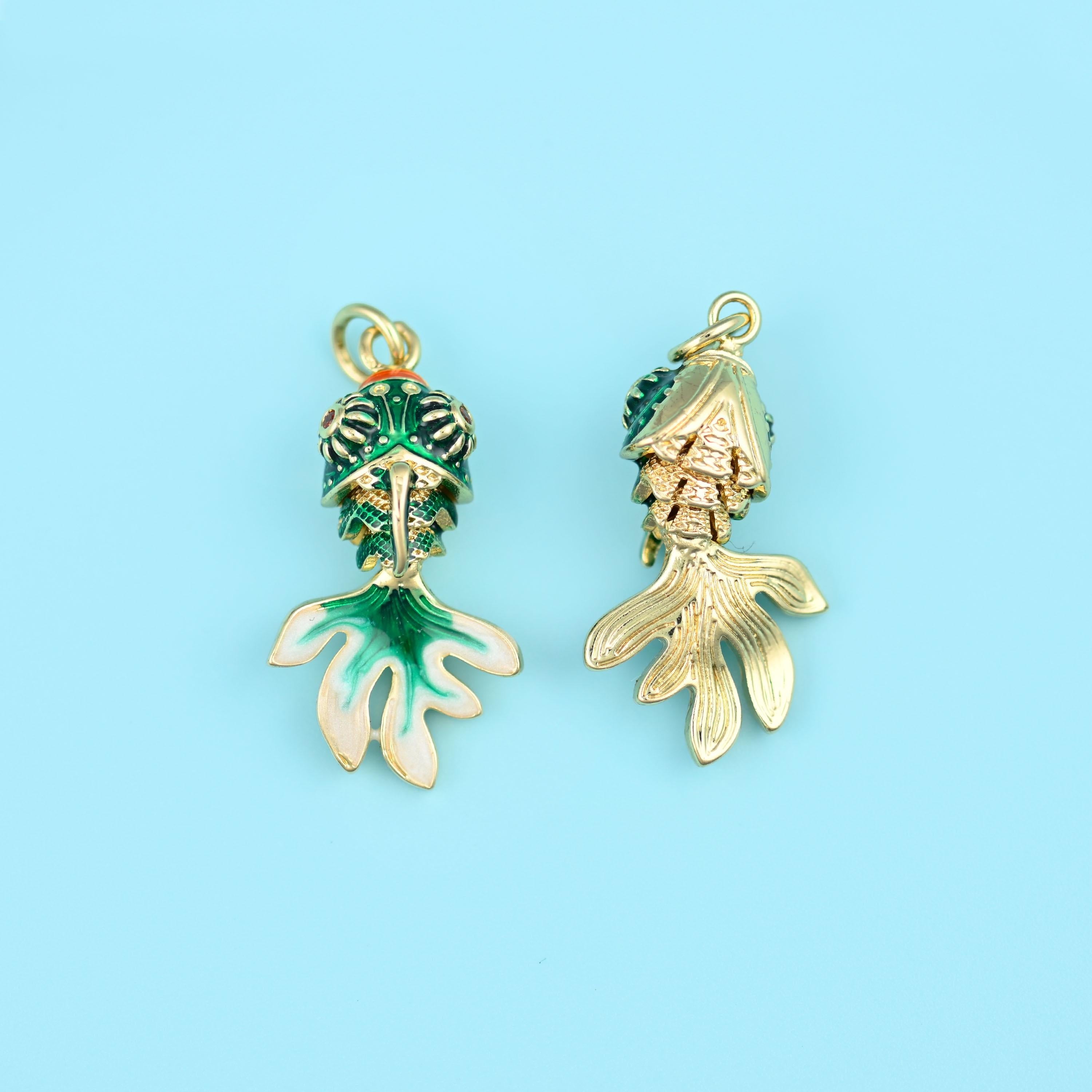 18K Gold Filled Enamel Goldfish Charm 26x14mm in bottle green with cream white and green tail