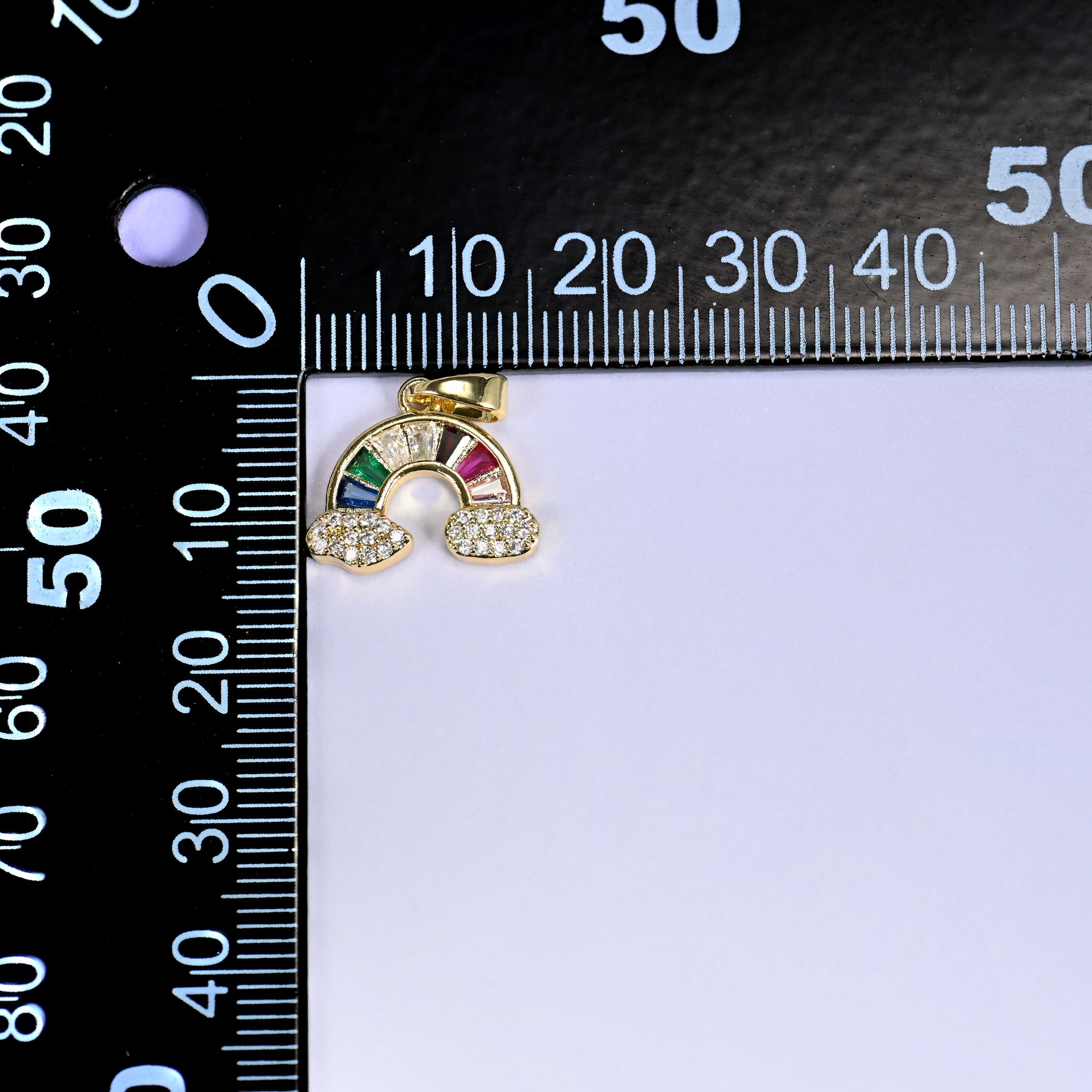 18K Gold Plated Brass Rainbow Charm Pendant with multicolor baguette zircon arcs and a clear zircon pave cloud base