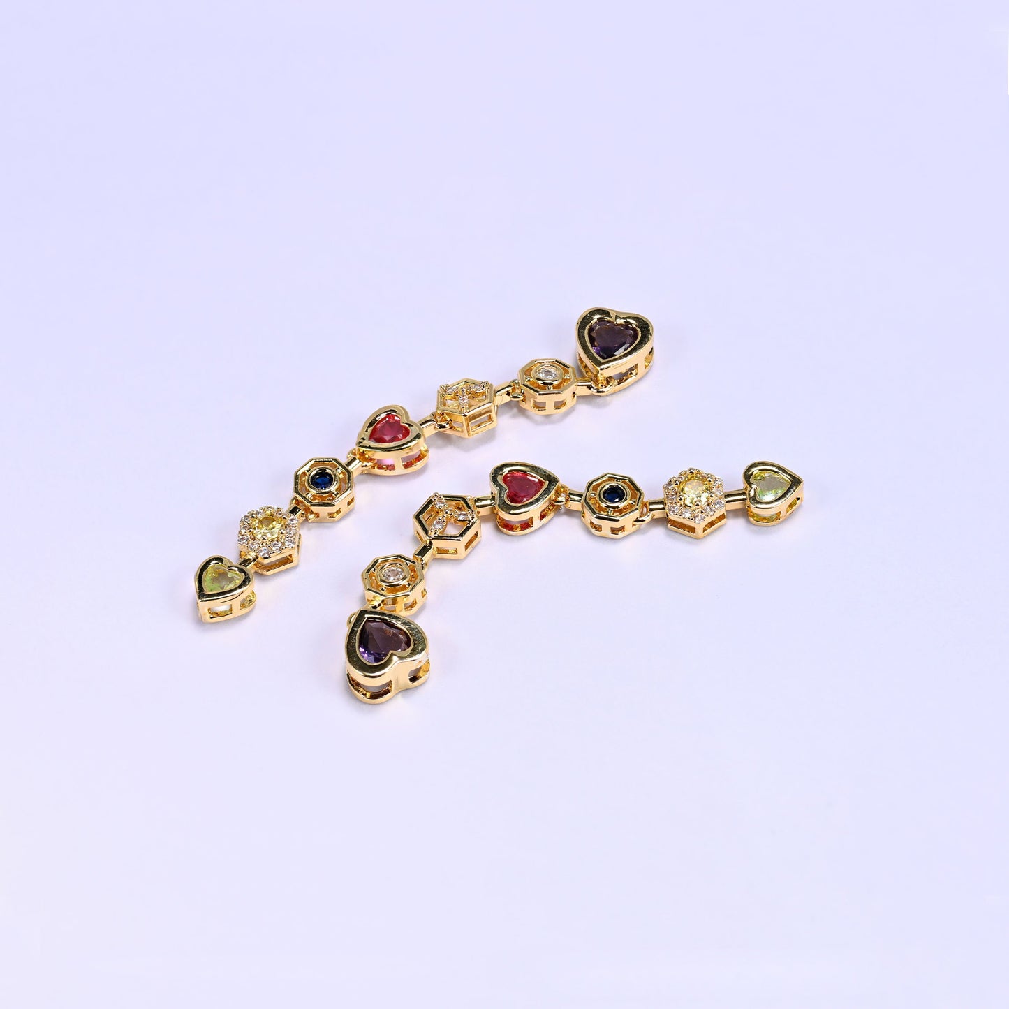 18K Gold Plated Brass Heart Hexagon Bezel Chain featuring alternating heart, octagon, and hexagon links set with multicolor zircon stones