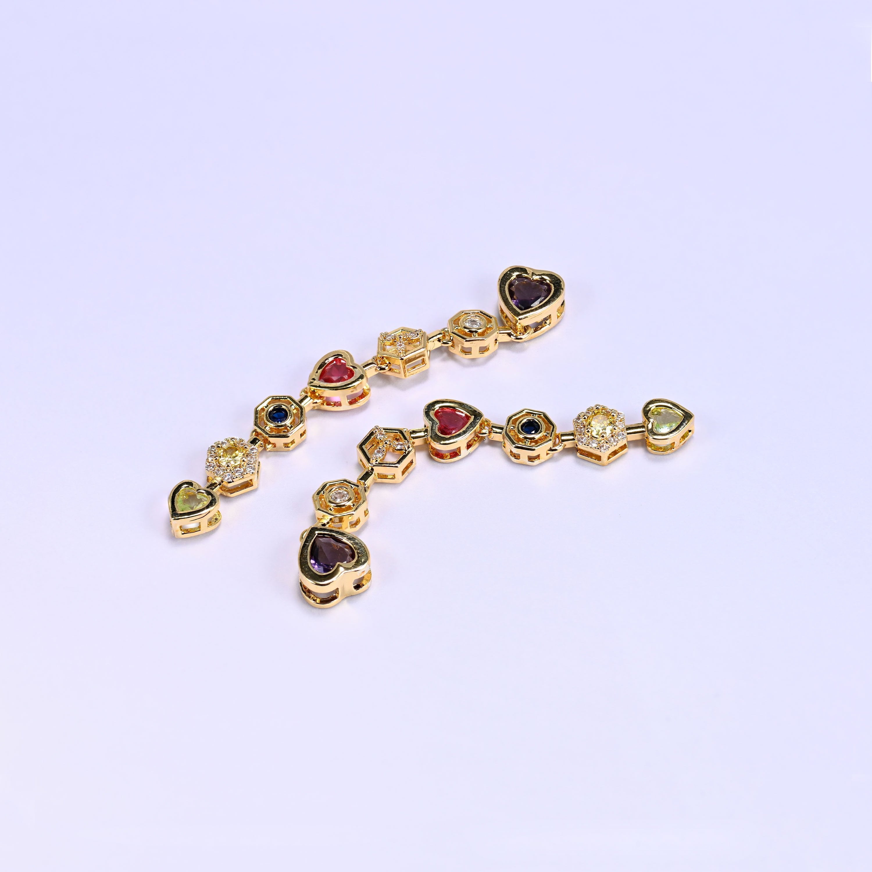 18K Gold Plated Brass Heart Hexagon Bezel Chain featuring alternating heart, octagon, and hexagon links set with multicolor zircon stones