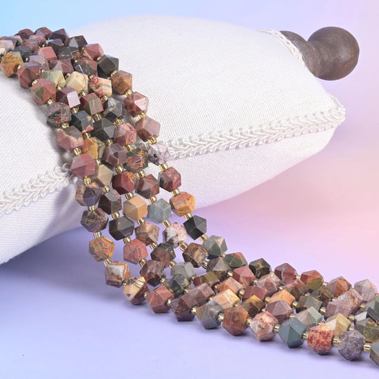 Red Howlite faceted diamond rhombus beads in dusty rose, sage green, and khaki mineral tones