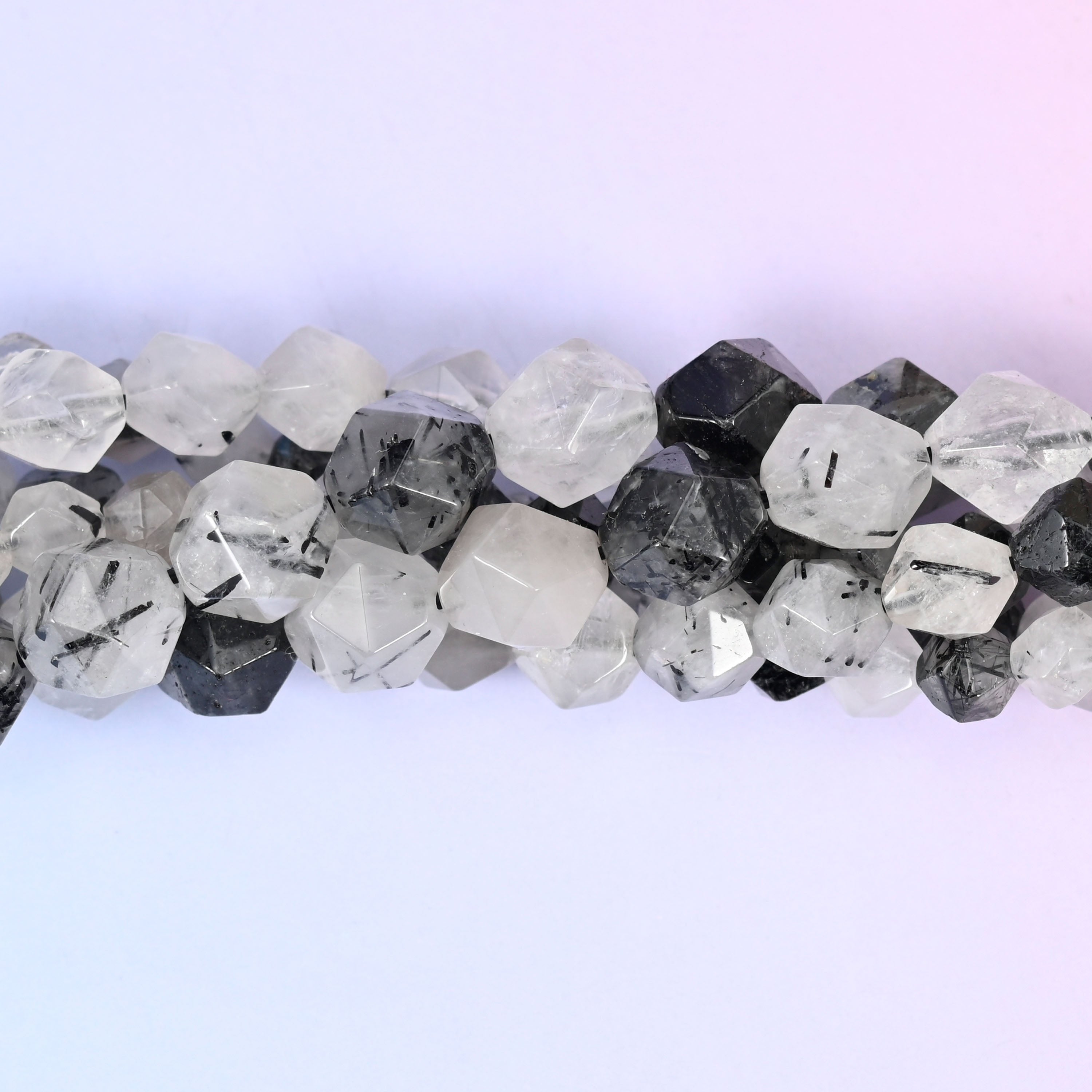Black Rutilated Quartz Diamond Star Cut Beads for jewelry making.