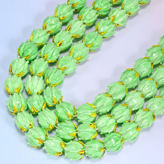 Green tulip flower bud lampwork glass beads, 11 inch strand