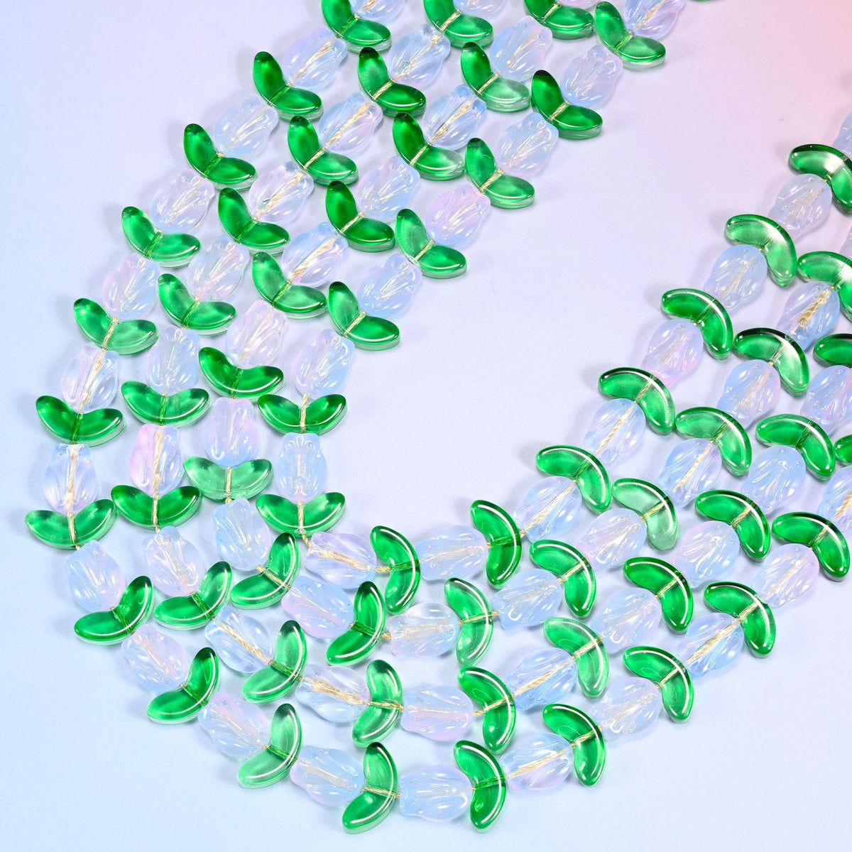 White Tulip Flower Glass Beads with Leaf, 16 inch strand, 26 sets.