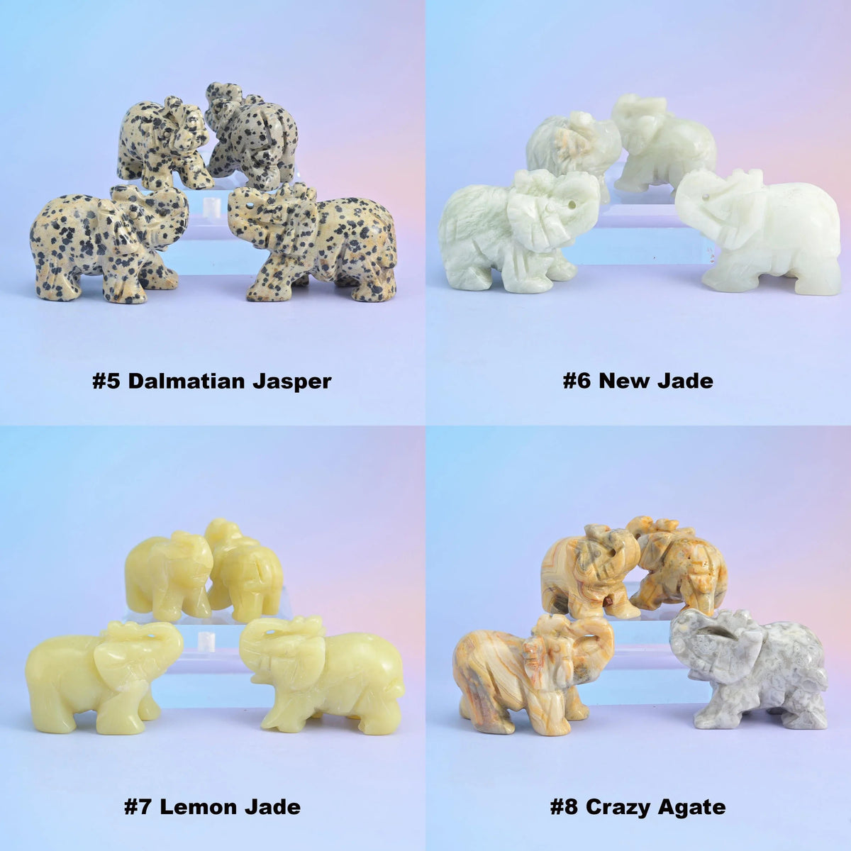 Elephant carvings from natural stone including amazonite, malachite and tiger eye.
