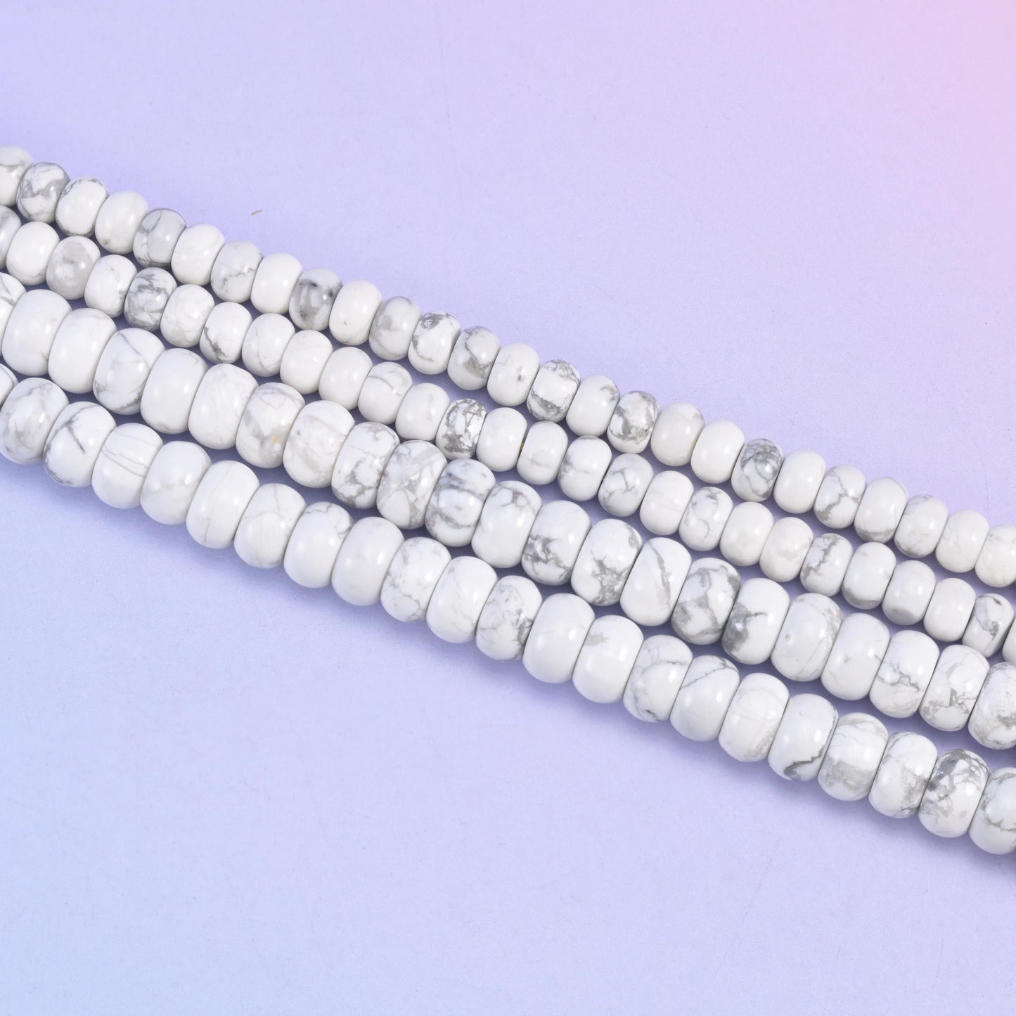 White Howlite rondelle beads in white with gray marbled veining