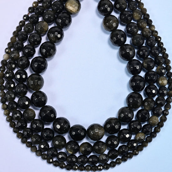 Gold Obsidian Faceted Round Beads: Jewelry Making, 15 Inch Strand