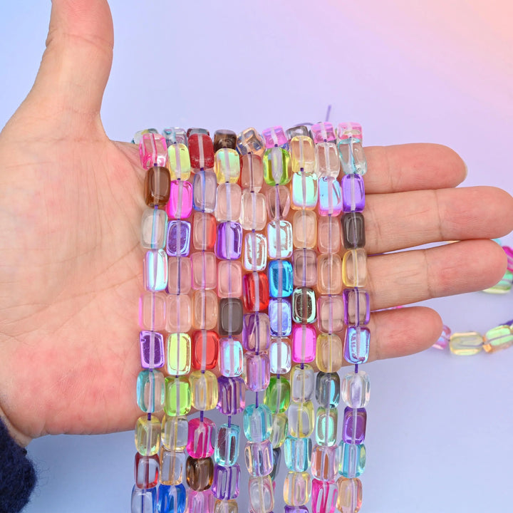 Rainbow glass beads, rectangular cut, 10-12mm