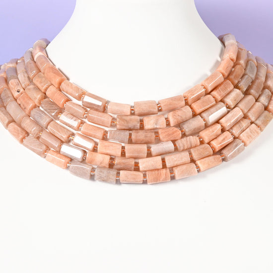 Peach Moonstone beads, faceted tube, 12x8mm