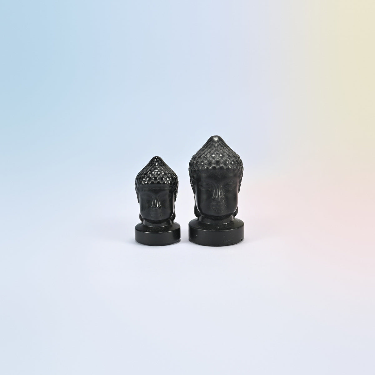Natural black obsidian Buddha head carvings with a glossy black polish, 1.5 inch and 2 inch