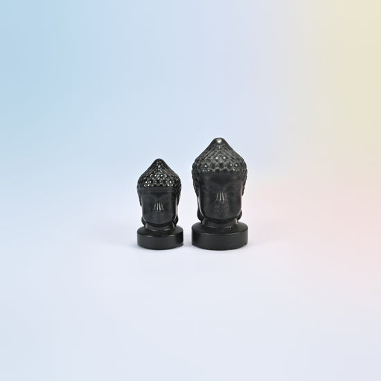 Natural black obsidian Buddha head carvings with a glossy black polish, 1.5 inch and 2 inch