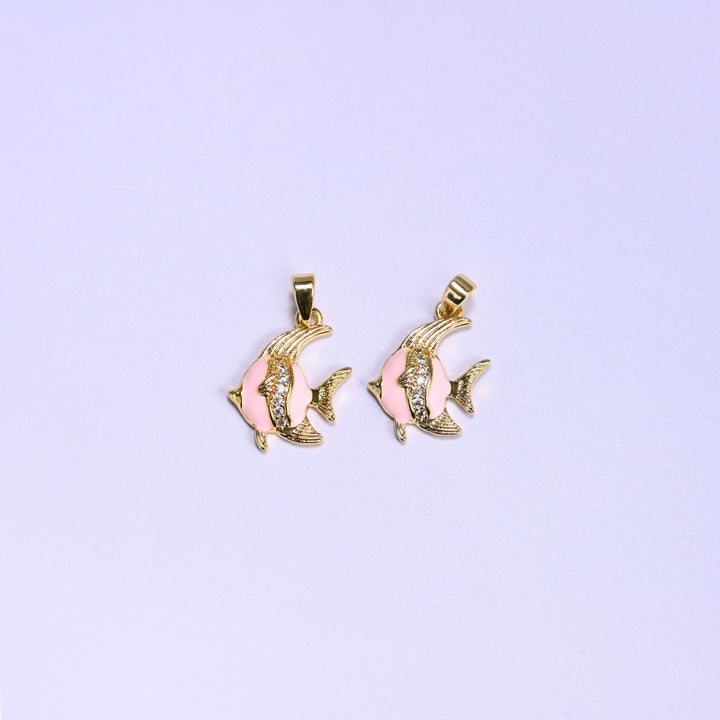 Enamel Tropical Fish Zirconia Charms in pink, two 18K gold plated fish pendants with pink enamel bodies, clear zirconia stripes and ridged gold fins.