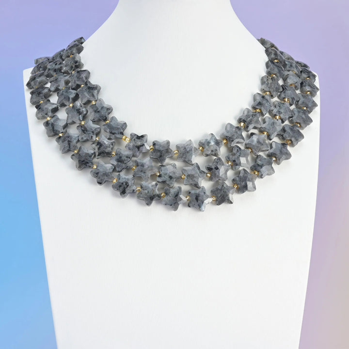 Black Labradorite beads, faceted star shape, 14mm.