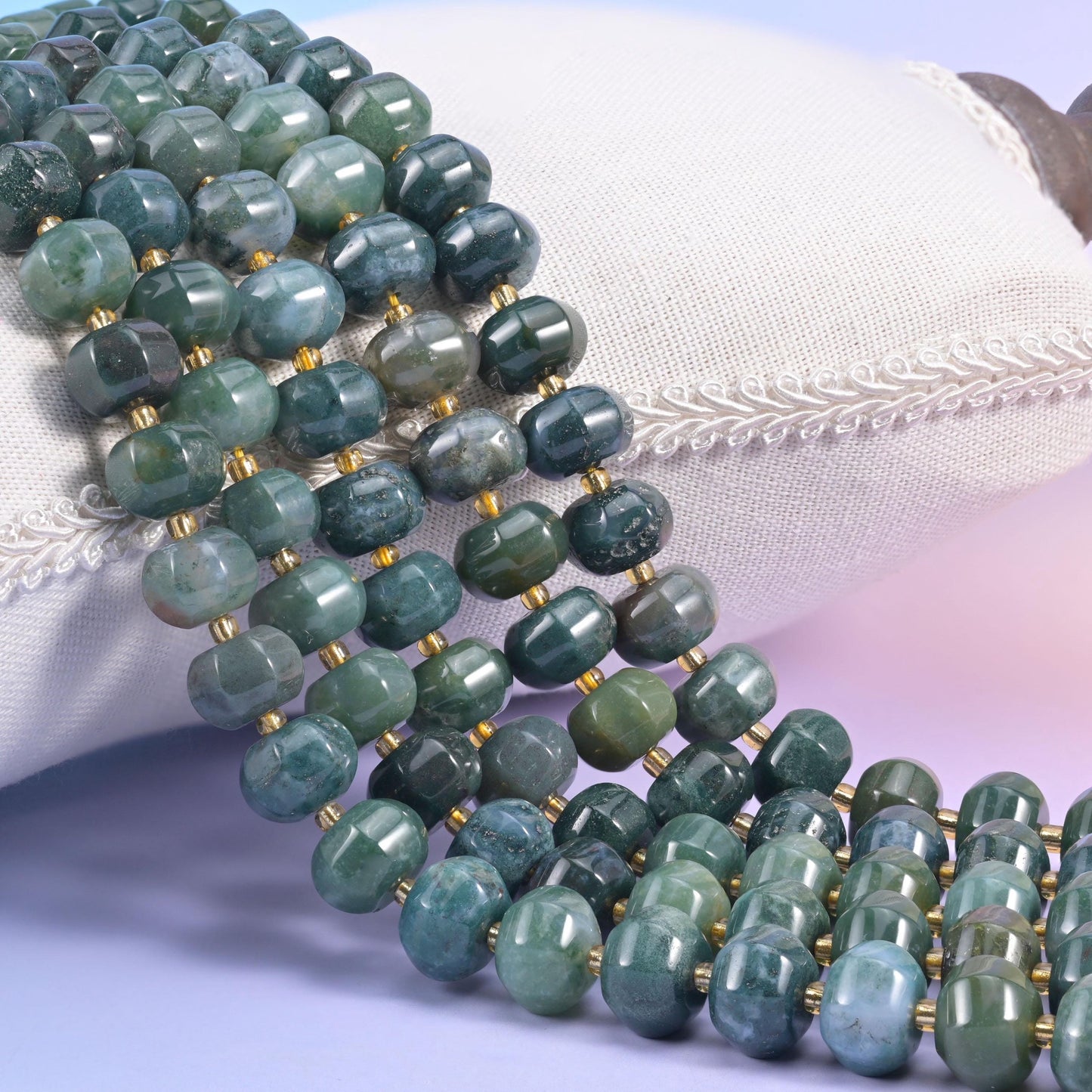 Moss Agate Pumpkin Rondelle Beads, natural stone in deep forest green