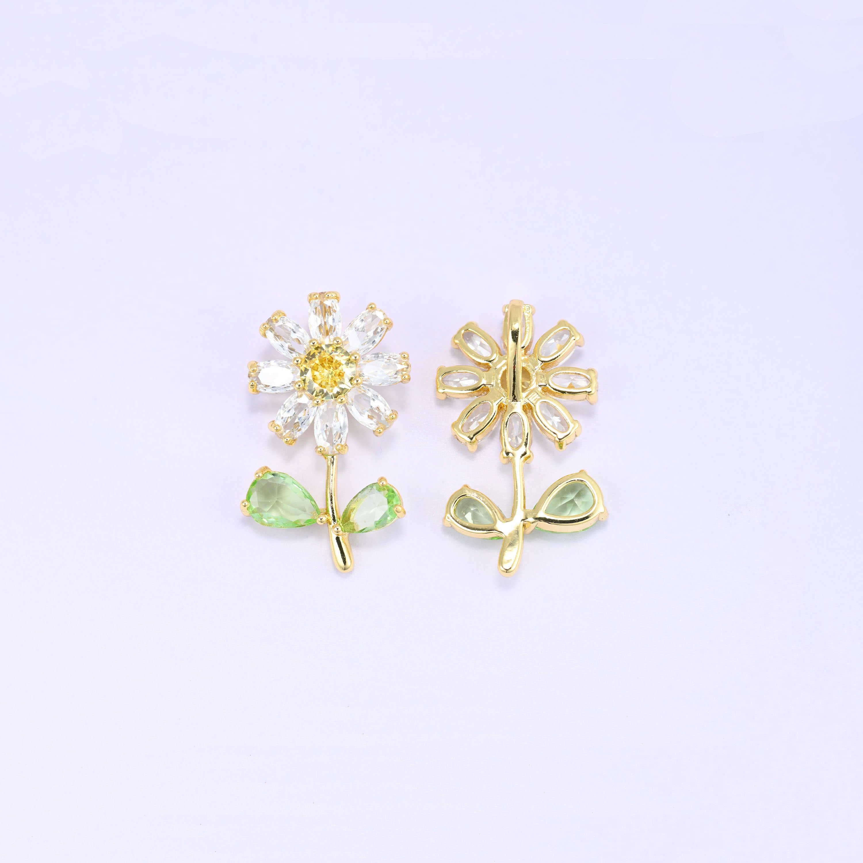 Daisy Flower Green Leaves Zircon Charms: 18K Gold Plated, Jewelry Making Supply