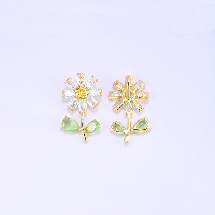 18K Gold Plated Daisy Flower Charm with Green Leaves – Zircon Jewelry Supply
