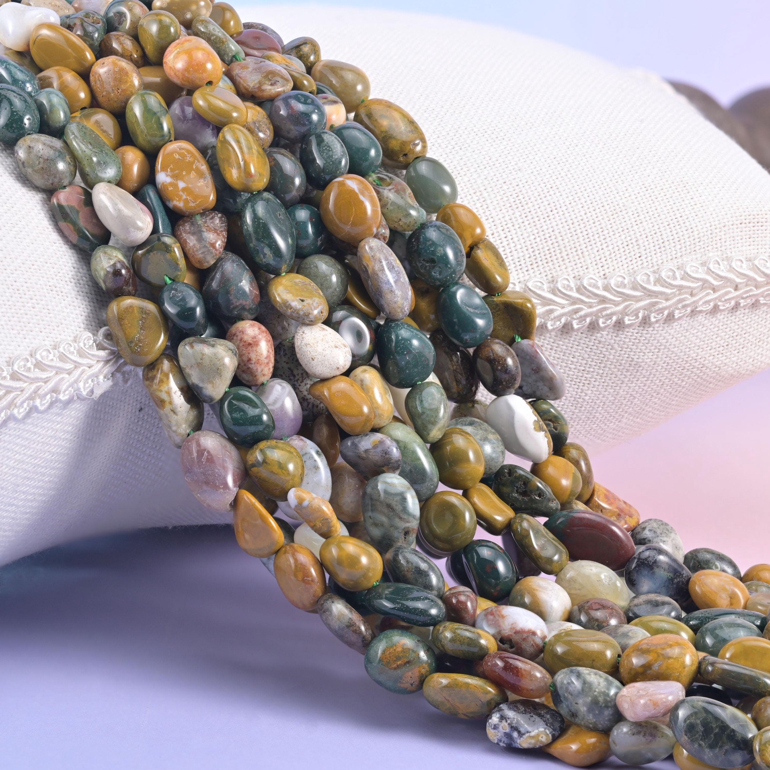 Ocean Jasper Pebble Nugget Beads, mustard yellow, deep forest green, cream and soft rust
