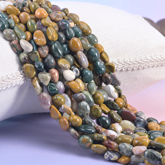Ocean Jasper Pebble Nugget Beads, mustard yellow, deep forest green, cream and soft rust