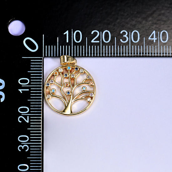 18K Gold Plated Brass Tree of Life Charm Pendant with an openwork branch design dotted with multicolor zircon and enamel accents