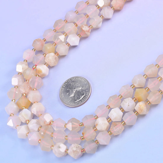 Faceted 8 sided diamond cut beads, centre drilled for beading wire and cord.