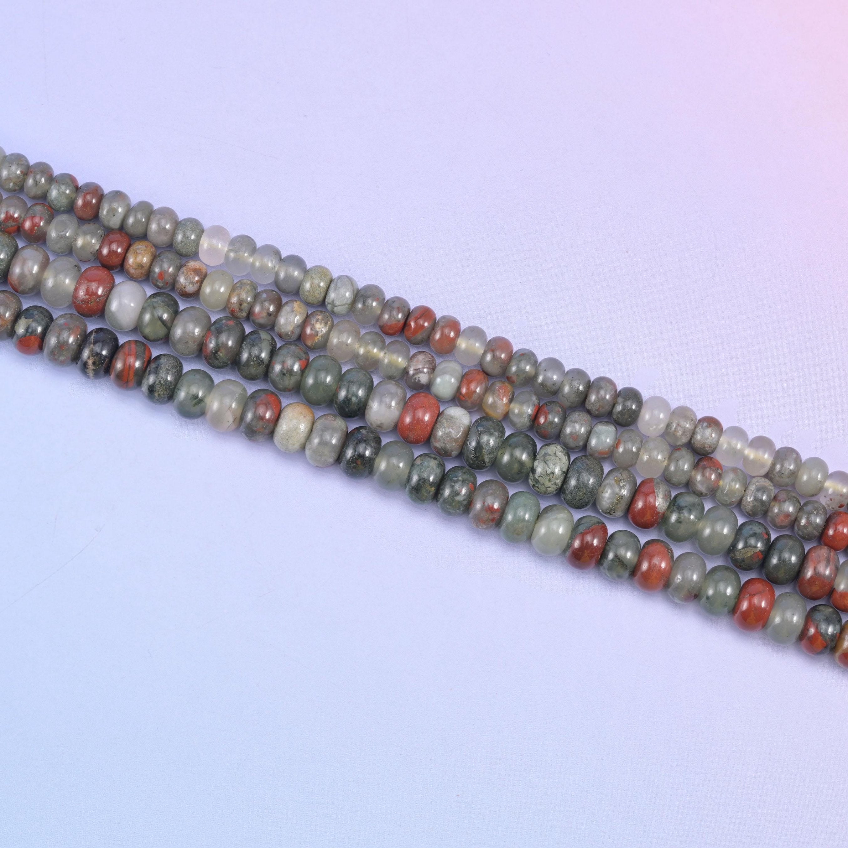 African Bloodstone Smooth Rondelle Beads 4x6mm 5x8mm in forest and grey-green with brick red and rust