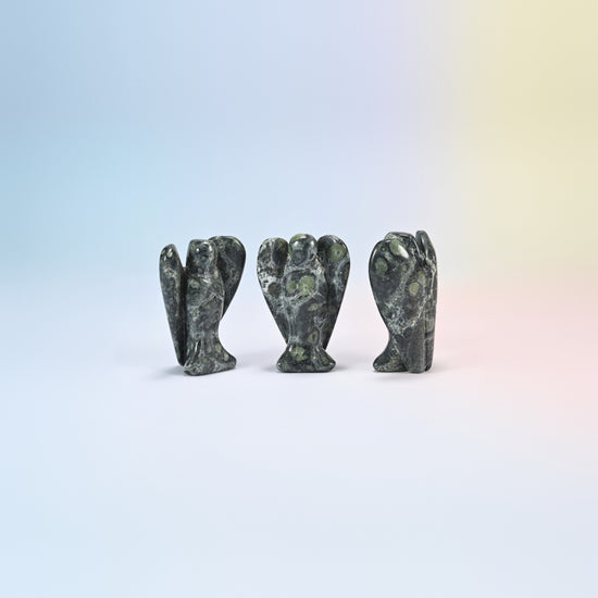 Three natural kambaba jasper guardian angel carvings, dark green with black swirls, 2 inch